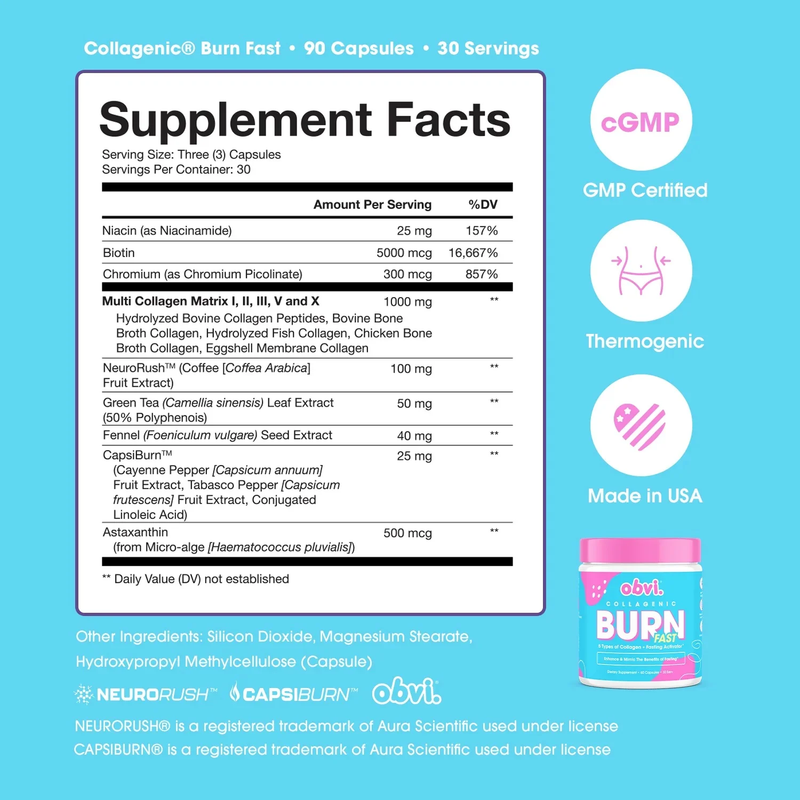 Obvi Collagenic Burn Fast Collagen Peptides Infused Fat Burner, 90 Capsules