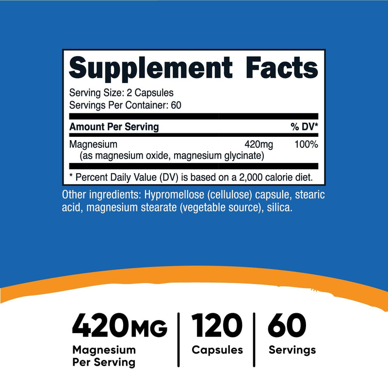 Nutricost Magnesium+ Extra Strength 420mg - Magnesium Oxide and Glycinate - Non-GMO, Gluten Free, Vegan Friendly