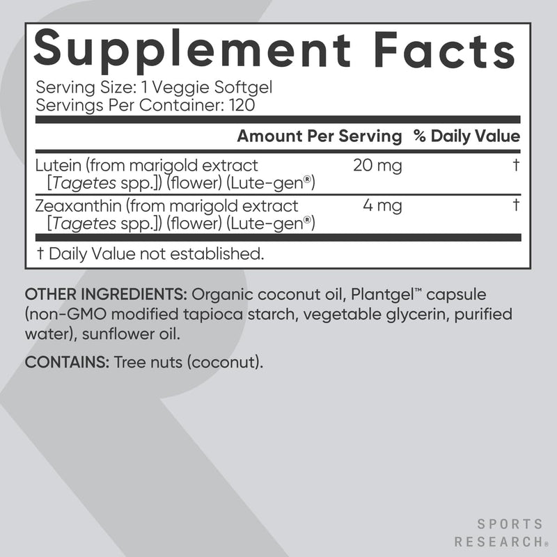 Sports Research Vegan Lutein + Zeaxanthin (20mg) with Organic Coconut Oil, 120 softgels - Better Absorption ~ Supports Vision & Eye Health