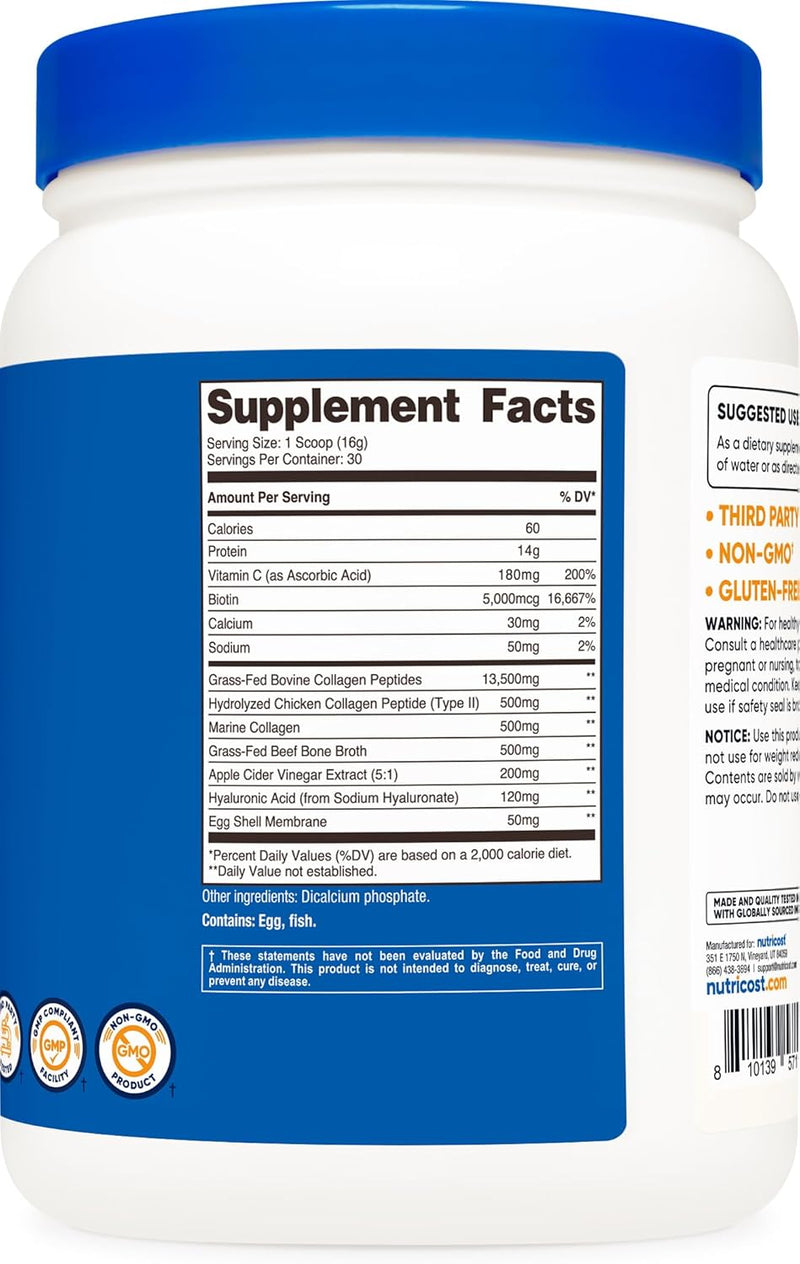 Nutricost Multi Collagen Protein Complex, Unflavored, 30 Servings - Supplement with Biotin, Hyaluronic Acid, and Collagen Peptides
