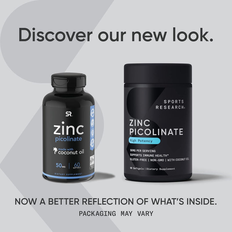Sports Research Zinc Picolinate 50mg with Organic Coconut Oil - Highly Absorbable Zinc Supplement for Healthy Immune & Enzyme Function