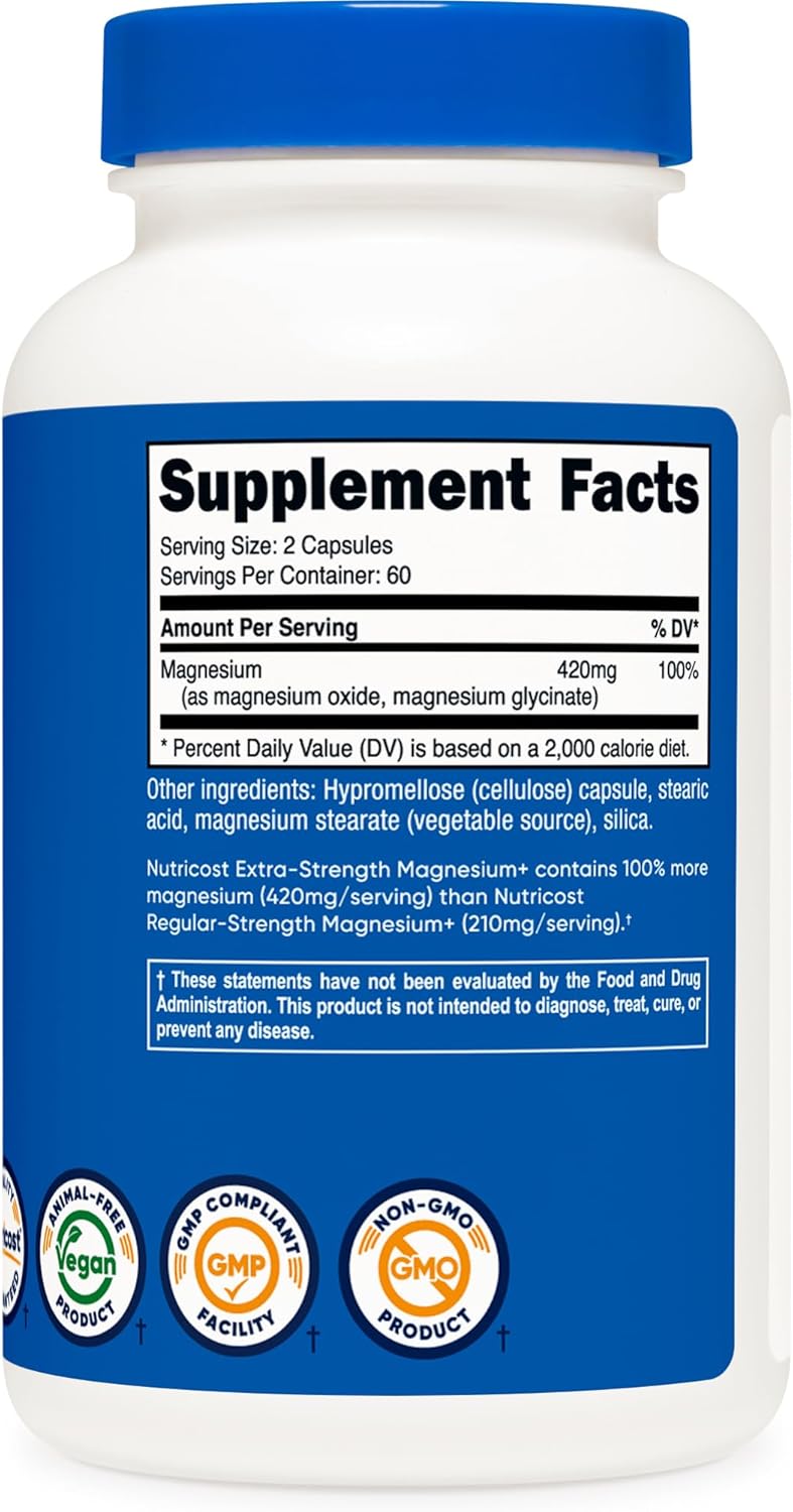 Nutricost Magnesium+ Extra Strength 420mg - Magnesium Oxide and Glycinate - Non-GMO, Gluten Free, Vegan Friendly