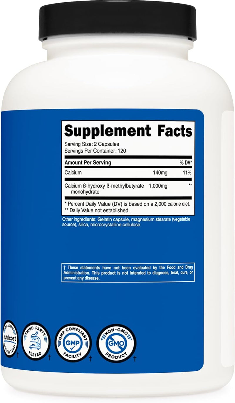 Nutricost HMB (Beta-Hydroxy Beta-Methylbutyrate) 500mg Capsules - 240 Caps - 120 Servings - Gluten Free and Non-GMO