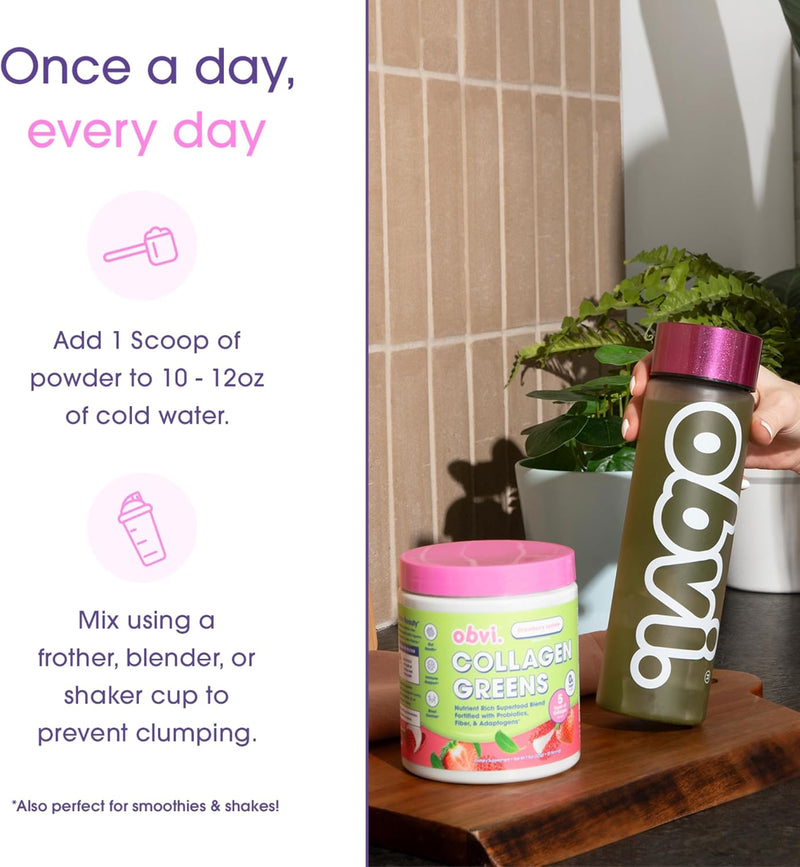 Obvi Collagen Greens, Strawberry Lychee, 25 Servings - Organic Greens Superfood Powder with Collagen Peptides