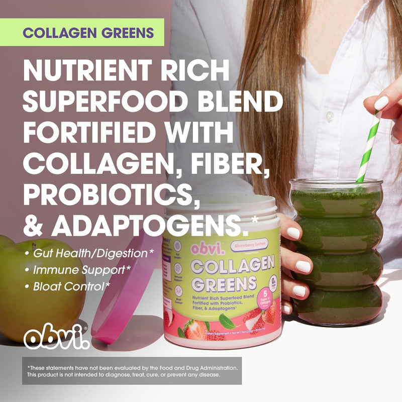 Obvi Collagen Greens, Strawberry Lychee, 25 Servings - Organic Greens Superfood Powder with Collagen Peptides