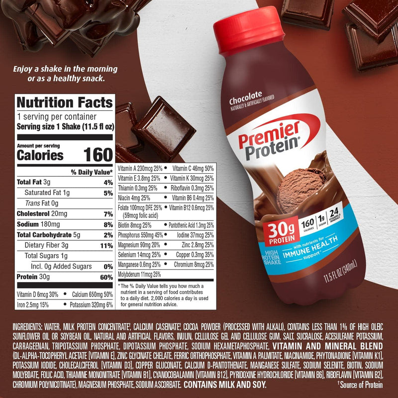 Premier Protein Shake 11.5oz (Pack of 12) - 30g Protein, 1g Sugar, 24 Vitamins & Minerals, Nutrients to Support Immune Health