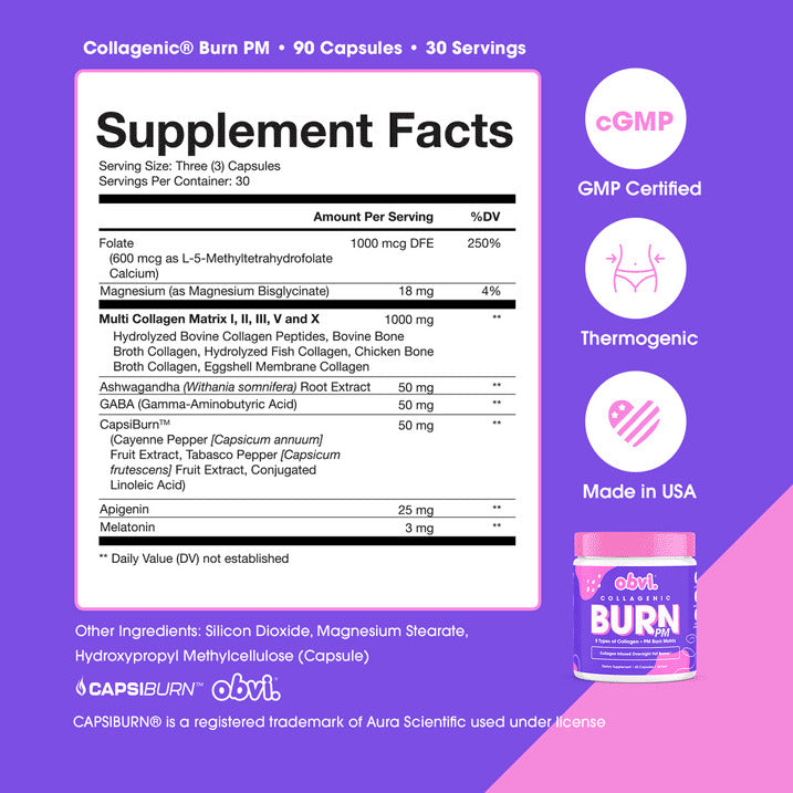 Obvi Collagenic Burn PM - Collagen Peptides Fat Burner for Weight Loss & Metabolism Support, 90 Capsules