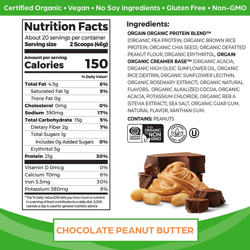 Orgain Organic Plant Based Protein Powder, Vegan 6g Prebiotic Fiber, 2lb