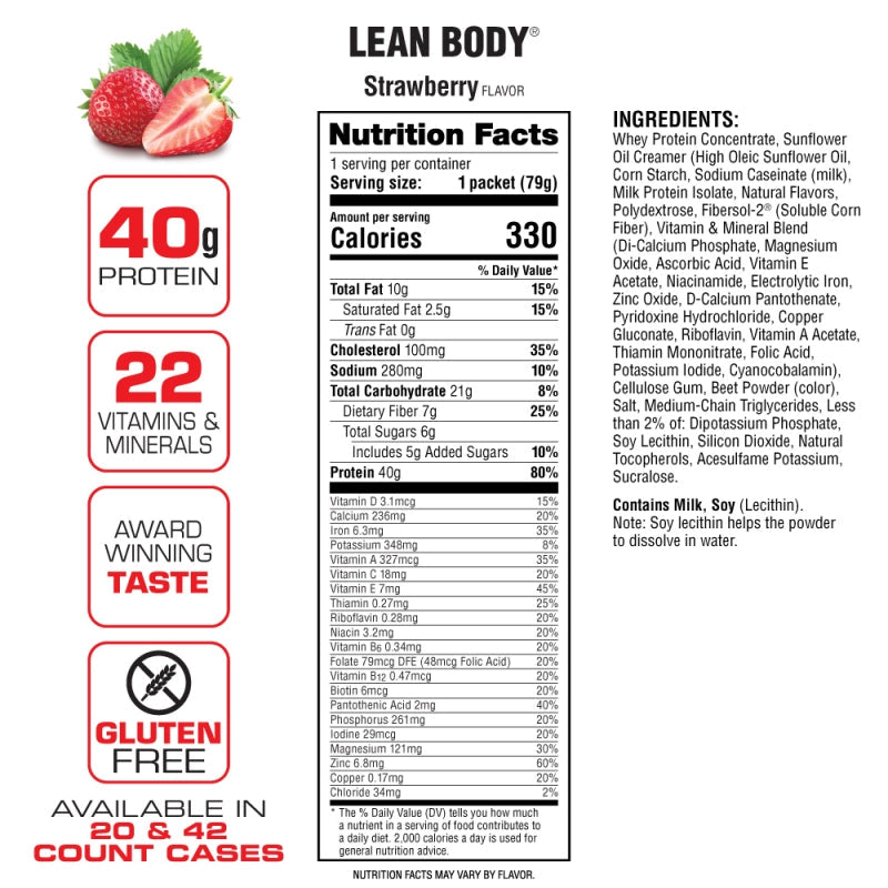 Labrada Lean Body 20 Packets Hi-Protein Meal Replacement Shake, 40g Protein