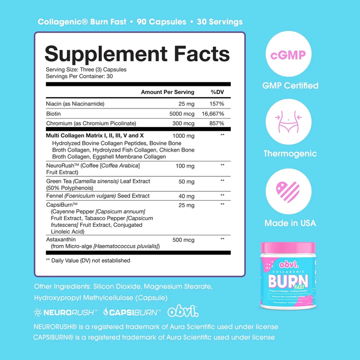 Obvi Collagenic Burn Fast Collagen Peptides Infused Fat Burner, 90 Capsules