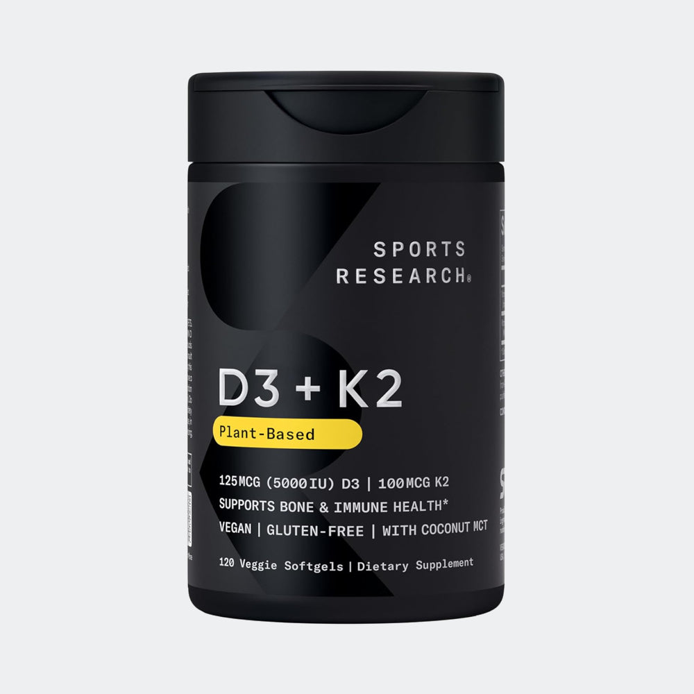 Sports Research Vitamin D3 + K2, 120 softgels - Plant Based K2 & Vegan D3 5000iu with Coconut MCT Oil - Vegan Certified, Soy & Gluten Free