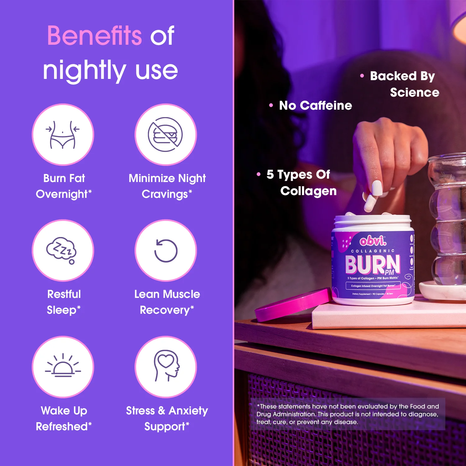 Obvi Collagenic Burn PM - Collagen Peptides Fat Burner for Weight Loss & Metabolism Support, 90 Capsules