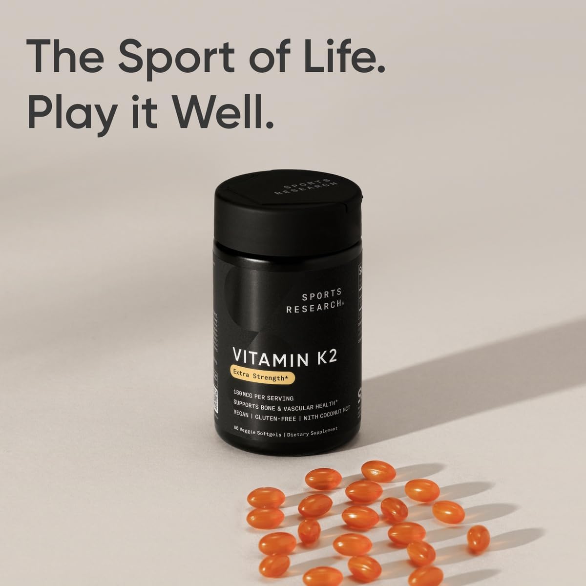 Sports Research Vitamin K2 MK7 180mcg with Coconut Oil, 60 Veggie softgels - Vegan Certified, Non-GMO Verified & Gluten-Free