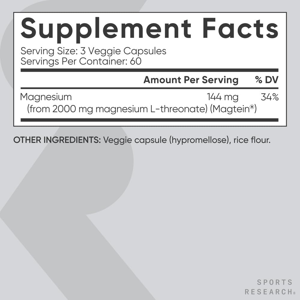 Sports Research Magnesium L-Threonate 2000mg - Magnesium Supplement for Memory, Focus & Cognition