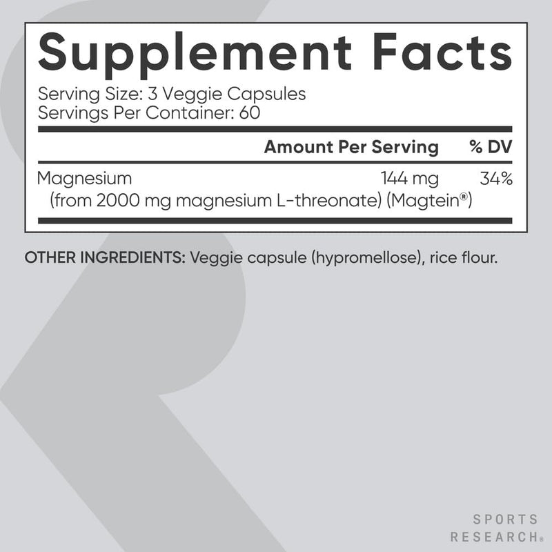 Sports Research Magnesium L-Threonate 2000mg - Magnesium Supplement for Memory, Focus & Cognition