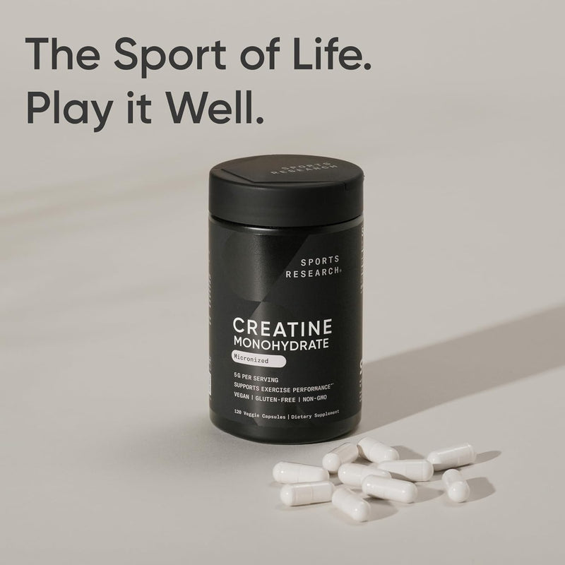 Sports Research Creatine Monohydrate, 120 Veggie Capsules - Supports Workout Recovery, Lean Muscle gain, Performance and Strength
