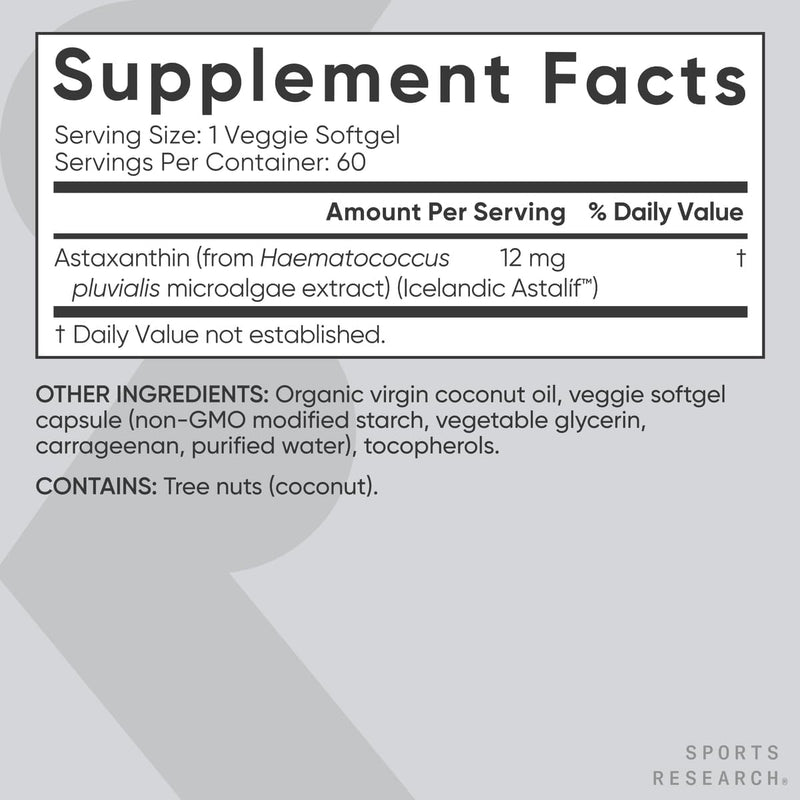 Sports Research Plant Based Astaxanthin (12mg) with Organic Coconut Oil, 60 veggie softgels - Better Absorption | Vegan Certified & Non-GMO Project Verified