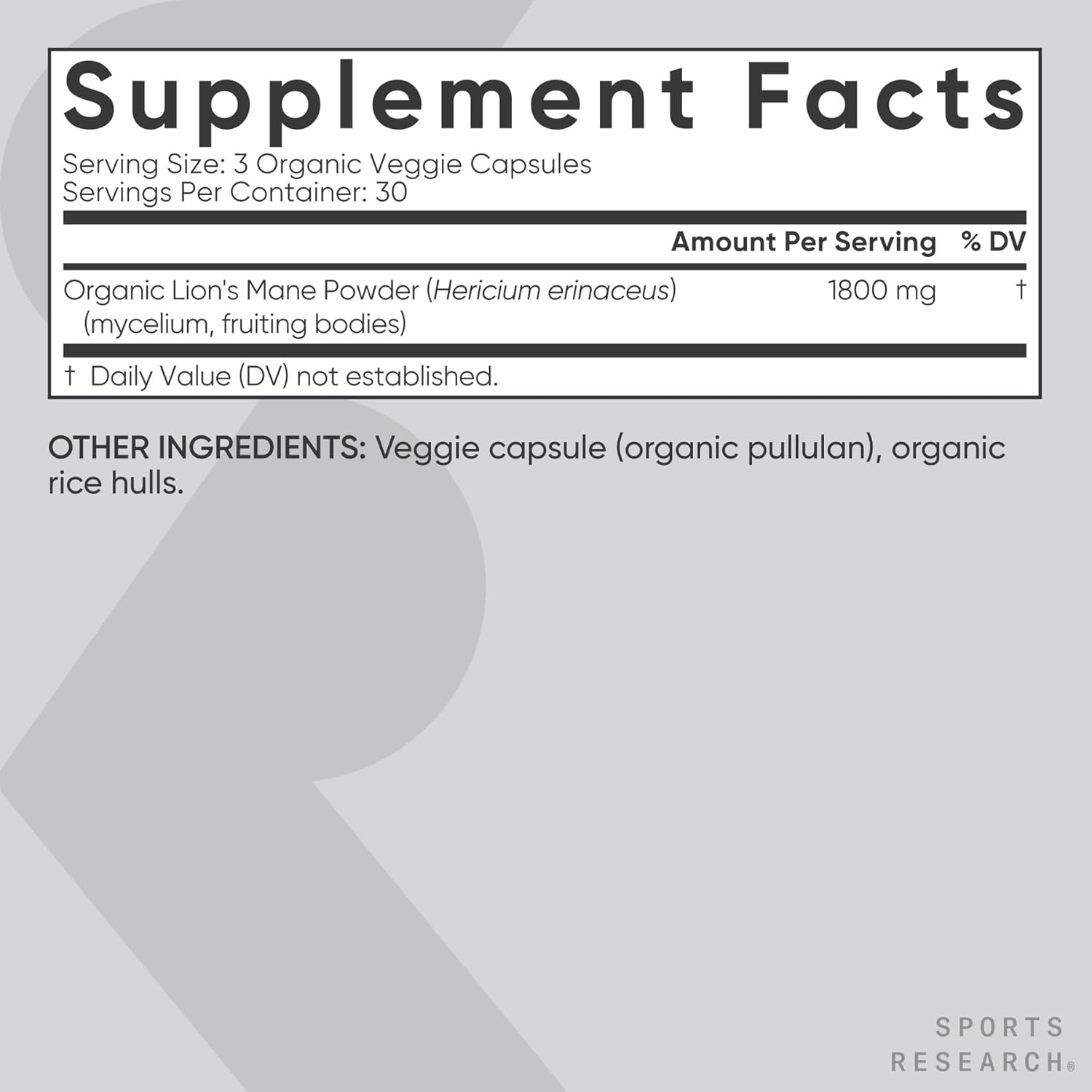 Sports Research Organic Lion's Mane 1800mg - 90 Veggie Capsules
