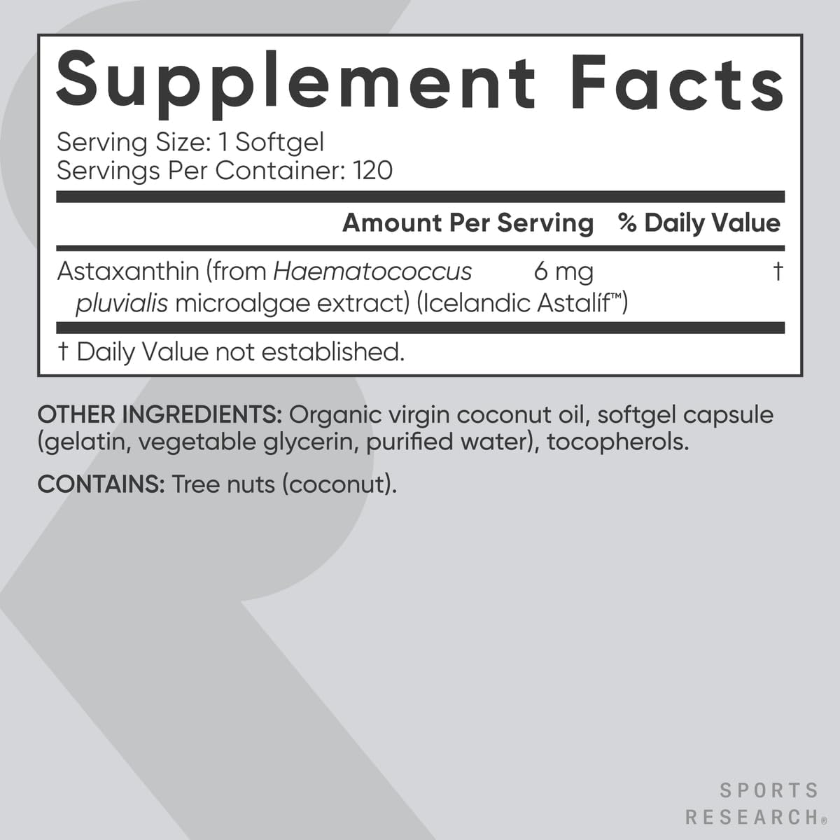 Sports Research Triple Strength Astaxanthin (6mg) with Organic Coconut Oil, 120 softgels - Antioxidant Activity, Skin & Eye Health Support