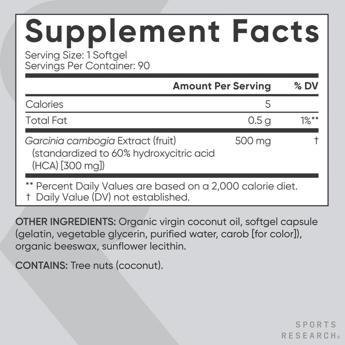 Sports Research Garcinia Cambogia Extract (60% HCA) with Extra Virgin Organic Coconut Oil, 90 softgels