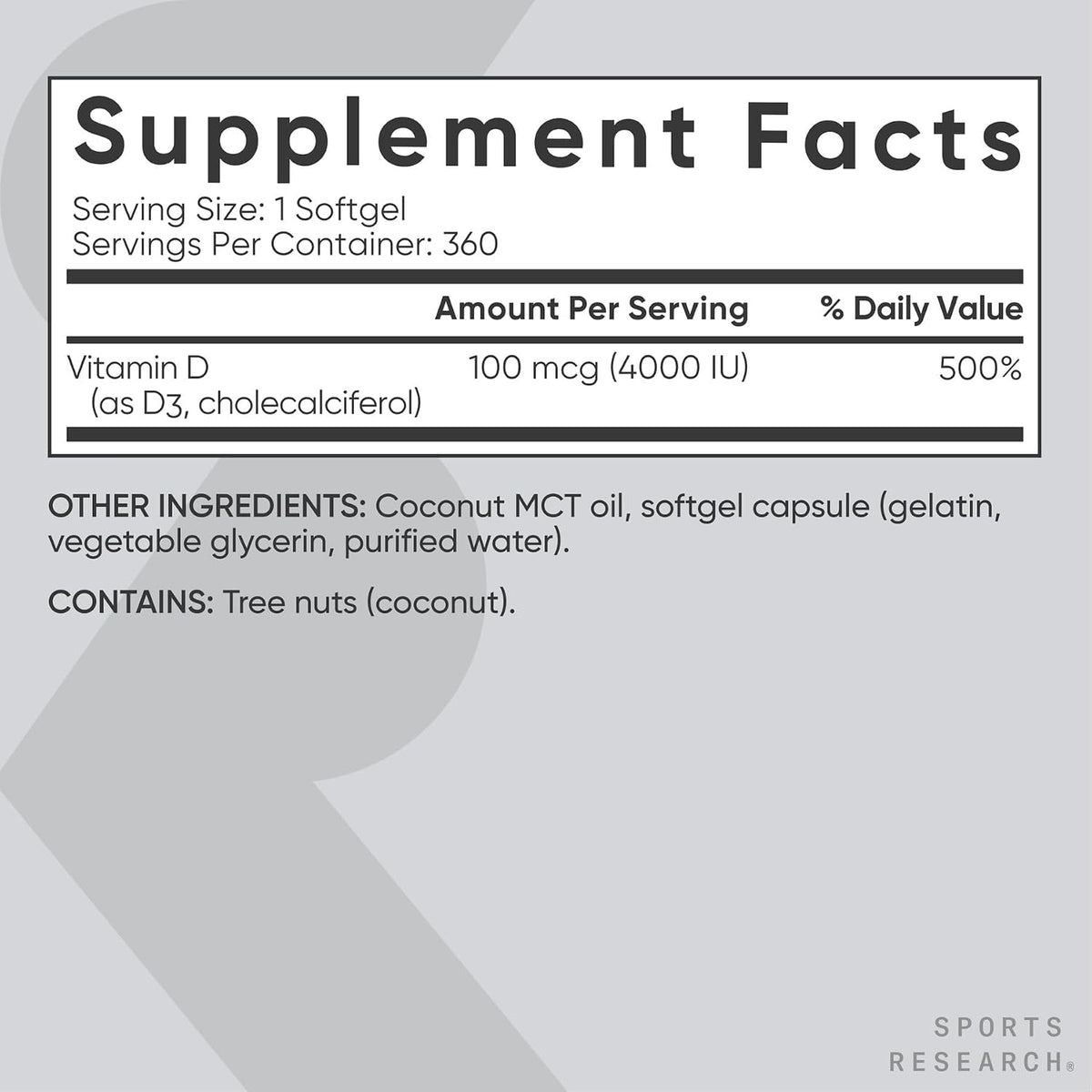 Sports Research Vitamin D3 4000iu - 360 softgels