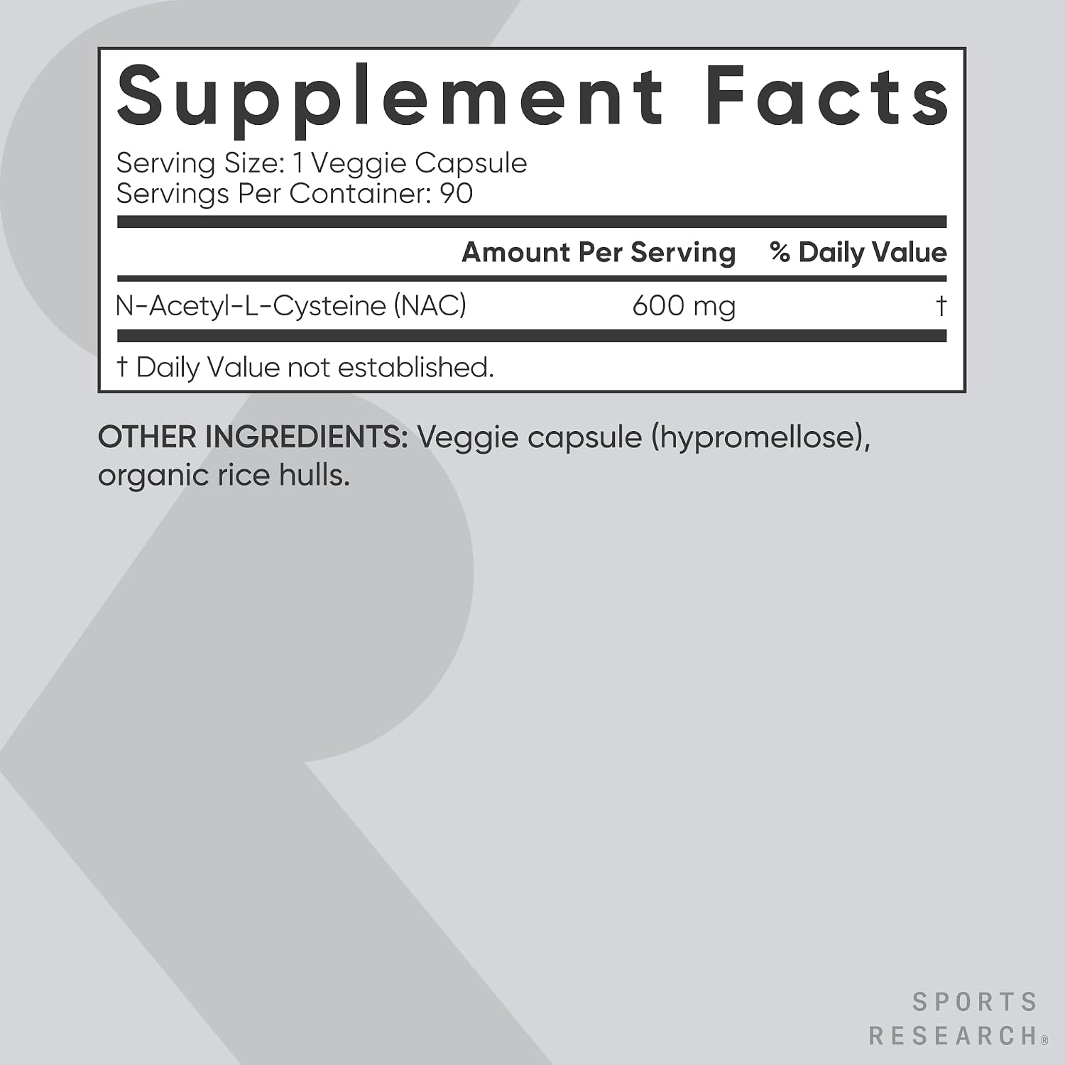 Sports Research Vegan NAC (N-Acetyl Cysteine) 600mg - 90 Veggie Capsules