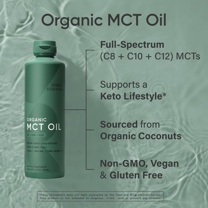 Sports Research Organic MCT Oil - Keto & Vegan MCTs C8, C10, C12 from Coconuts, Unflavoured, 16oz