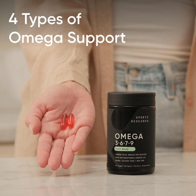 Sports Research Vegan Omega 3.6.7.9, 90 Veggie softgels - 1200 mg of Multi-Spectrum Omega Fatty Acids Certified Non-GMO Formula with Sea Buckthorn & Borage Oil