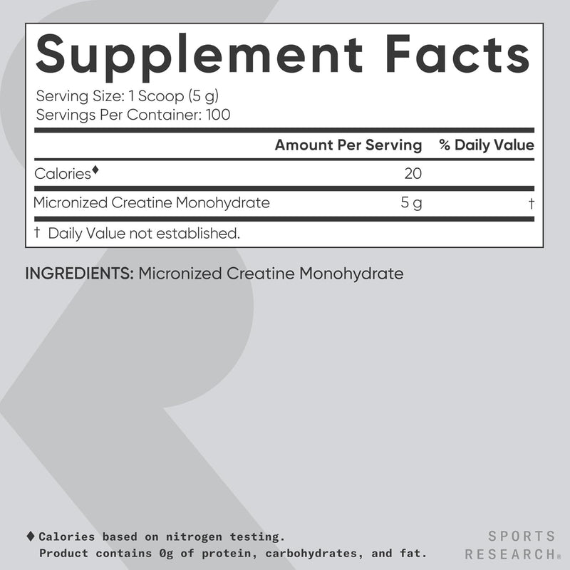 Sports Research Creatine Monohydrate 1.1lb, Unflavoured - Gain Lean Muscle, Improve Performance and Strength