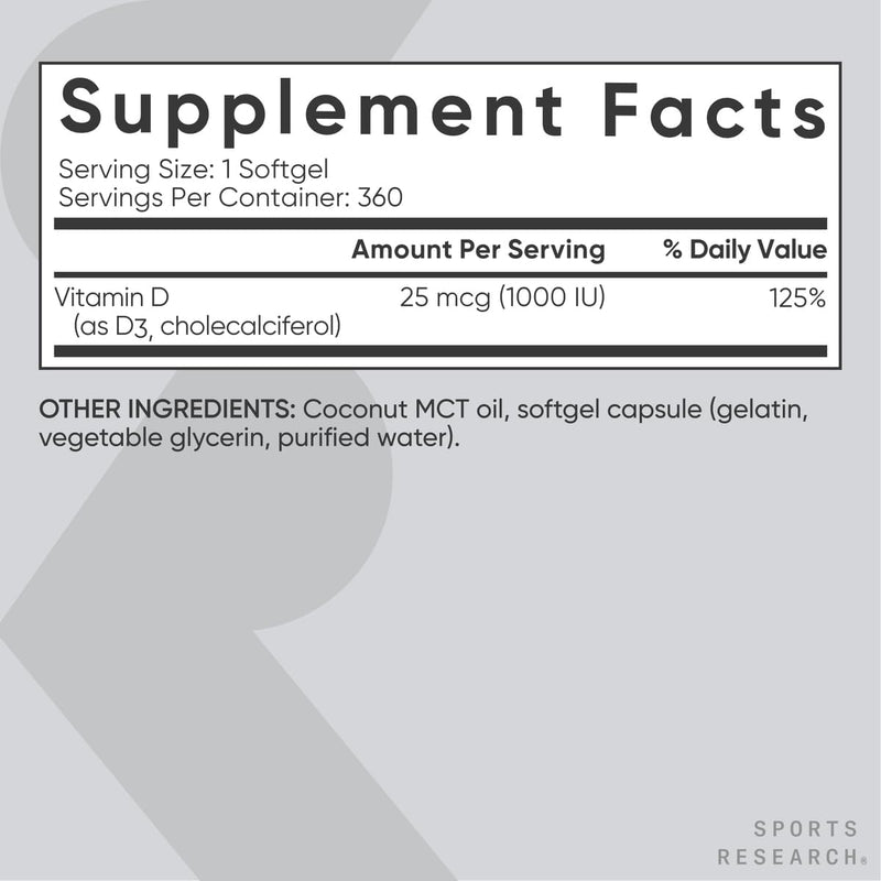 Sports Research Vitamin D3 1000iu, 360 softgels - Vitamin D for Strong Bones & Immune Health - Supports Calcium Absorption