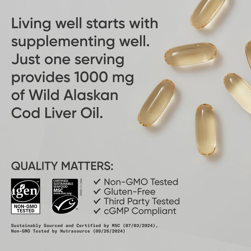 Sports Research Omega-3 Wild Alaskan Cod Liver Oil 1000mg, 120 softgels - Burpless, Bovine Free, Non-GMO, & MSC Certified Sustainable