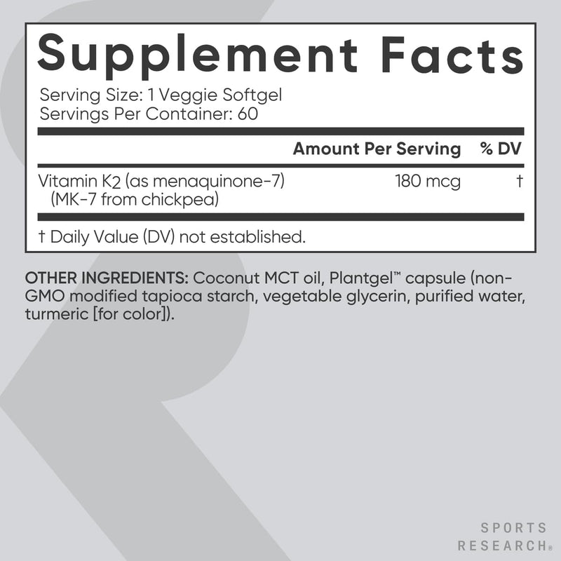 Sports Research Vitamin K2 MK7 180mcg with Coconut Oil, 60 Veggie softgels - Vegan Certified, Non-GMO Verified & Gluten-Free