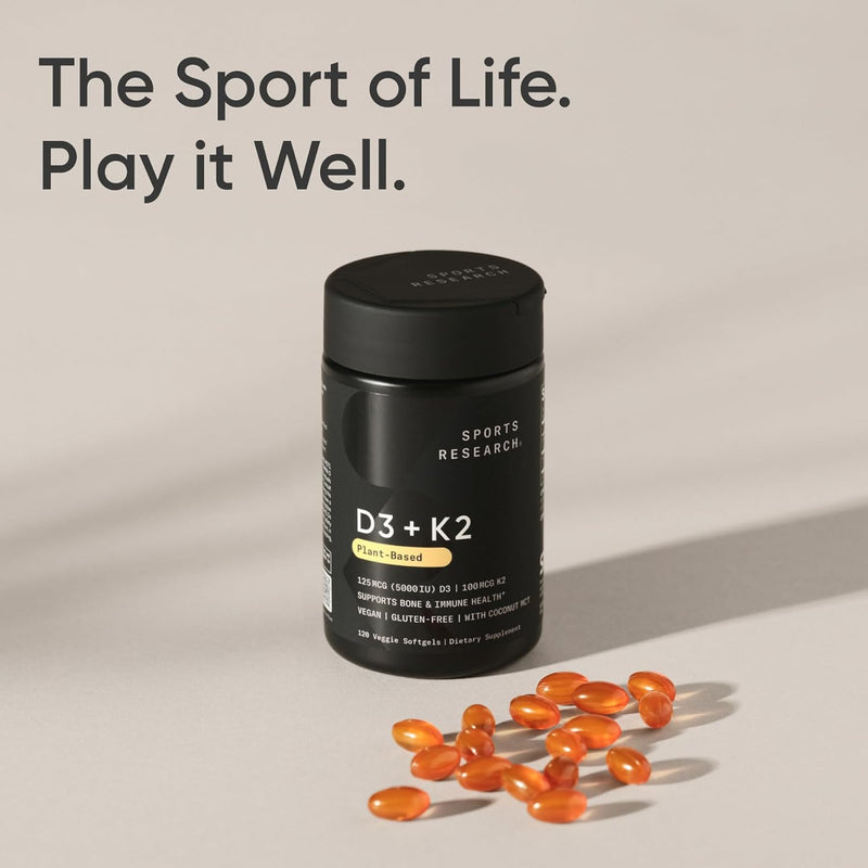 Sports Research Vitamin D3 + K2, 120 softgels - Plant Based K2 & Vegan D3 5000iu with Coconut MCT Oil - Vegan Certified, Soy & Gluten Free