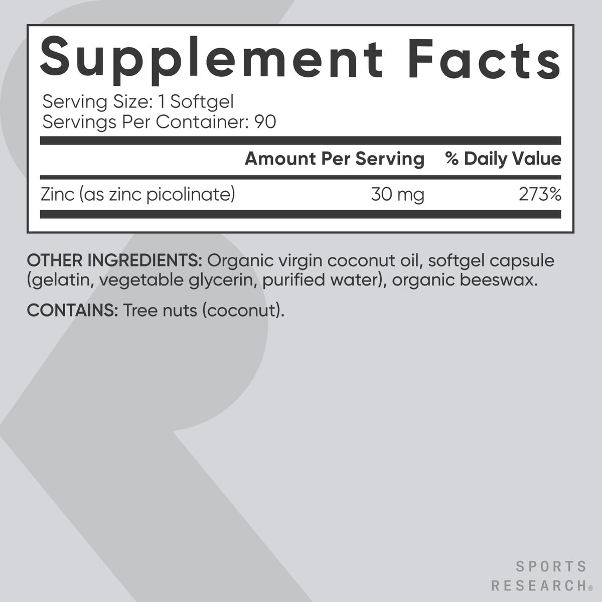 Sports Research Zinc Picolinate 30mg with Organic Coconut Oil - Highly Absorbable Zinc Supplement for Healthy Immune & Enzyme Function
