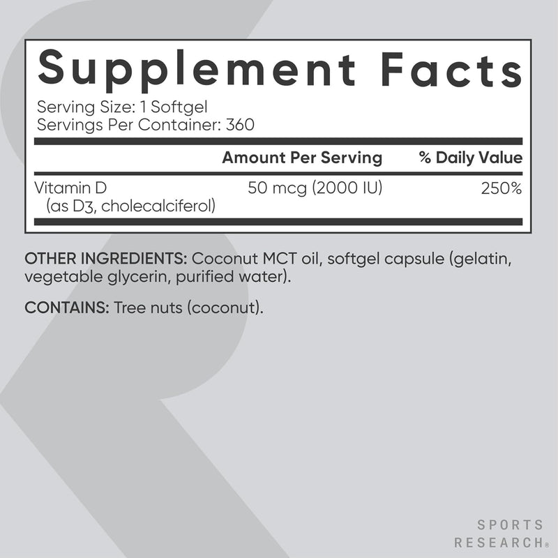 Sports Research Vitamin D3 2000iu, 360 softgels - Vitamin D for Strong Bones & Immune Health - Supports Calcium Absorption