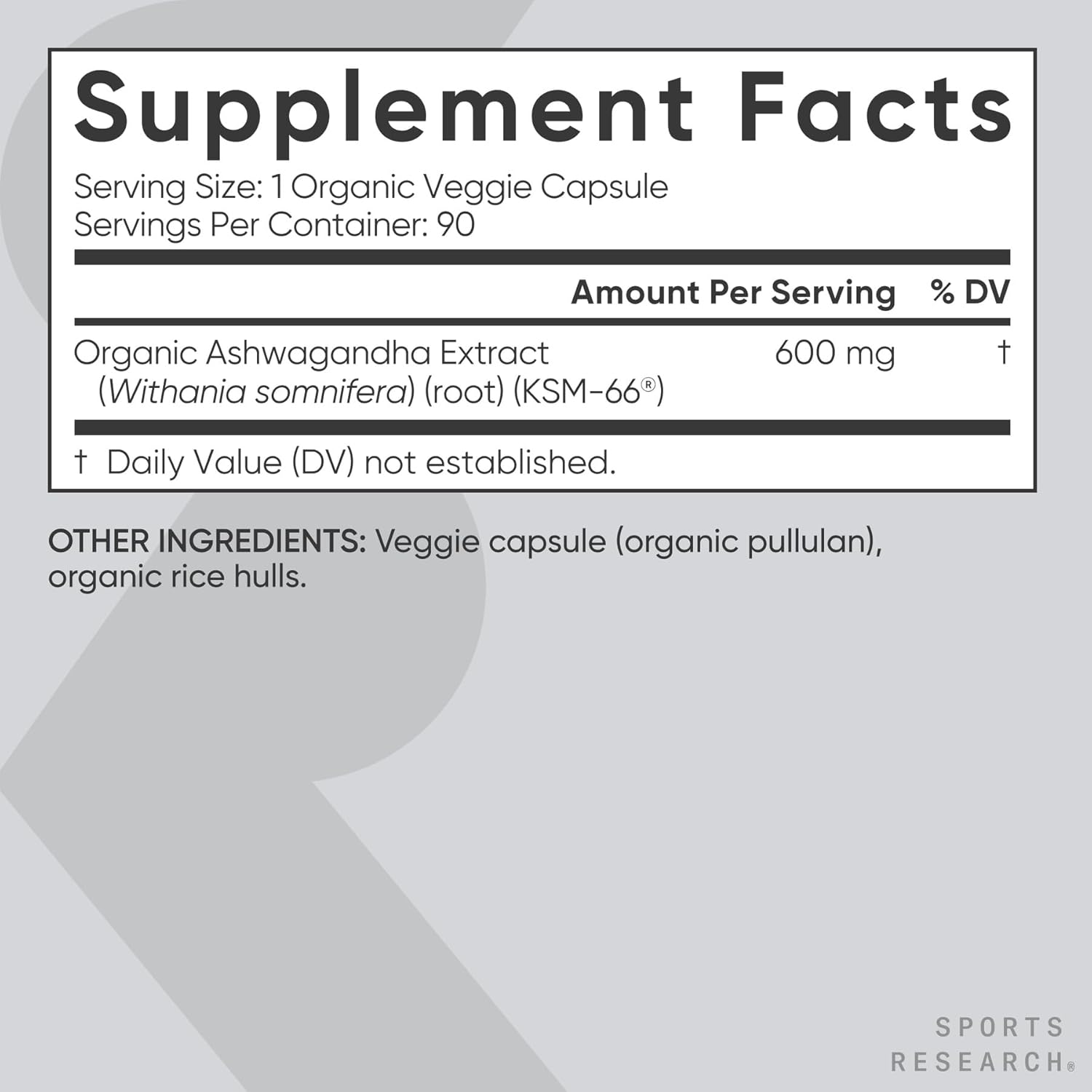 Sports Research Organic Ashwagandha 600mg - 90 Veggie Capsules