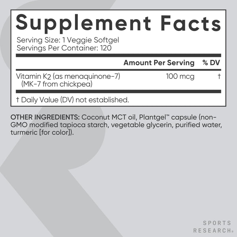 Sports Research Vitamin K2 with Coconut MCT Oil, 120 Veggie softgels - Vegan Certified, Non-GMO Verified, Gluten & Soy Free