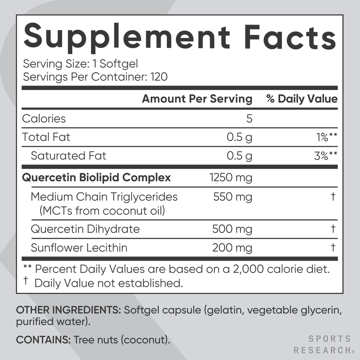 Sports Research Quercetin 500mg with MCT Oil & Sunflower Lecithin - 120 Softgels - Clearance Sale