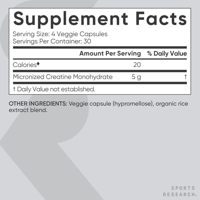 Sports Research Creatine Monohydrate, 120 Veggie Capsules - Supports Workout Recovery, Lean Muscle gain, Performance and Strength