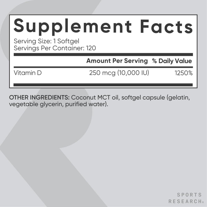 Sports Research Vitamin D3 10000iu, 120 softgels - Vitamin D for Strong Bones & Immune Health - Supports Calcium Absorption