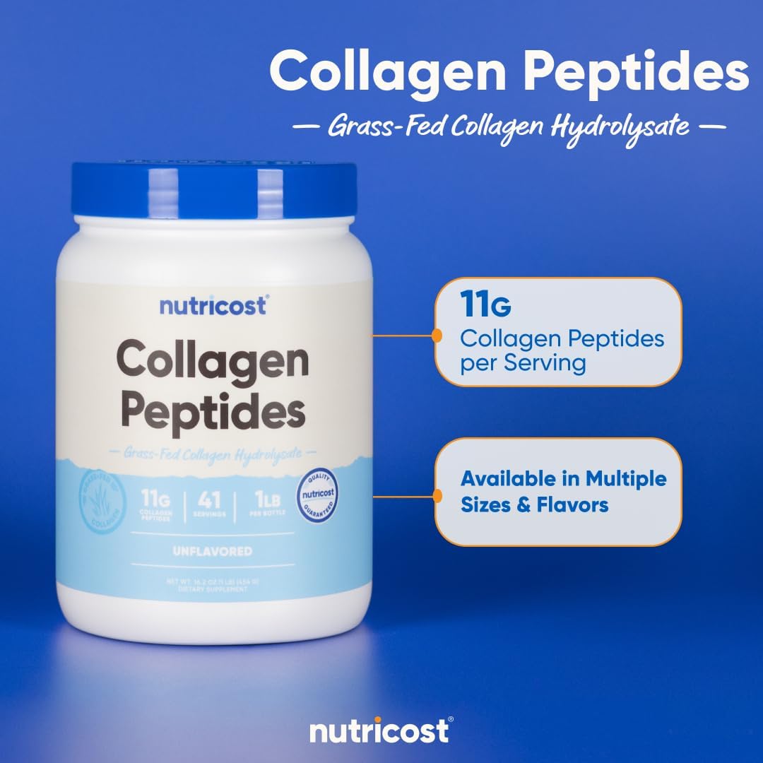 Nutricost Grass-Fed Collagen Peptides Powder 1lb, Unflavoured - Grass Fed Bovine Collagen Hydrolysate