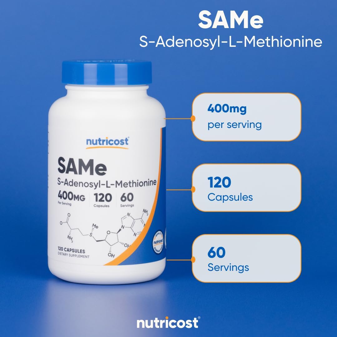 Nutricost SAM-e (S-Adenosyl-L-Methionine) 60 Servings, 120 Capsules - Non-GMO, Gluten Free, Vegetarian