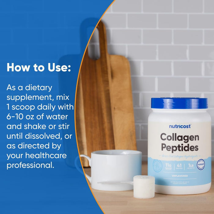 Nutricost Grass-Fed Collagen Peptides Powder 1lb, Unflavoured - Grass Fed Bovine Collagen Hydrolysate