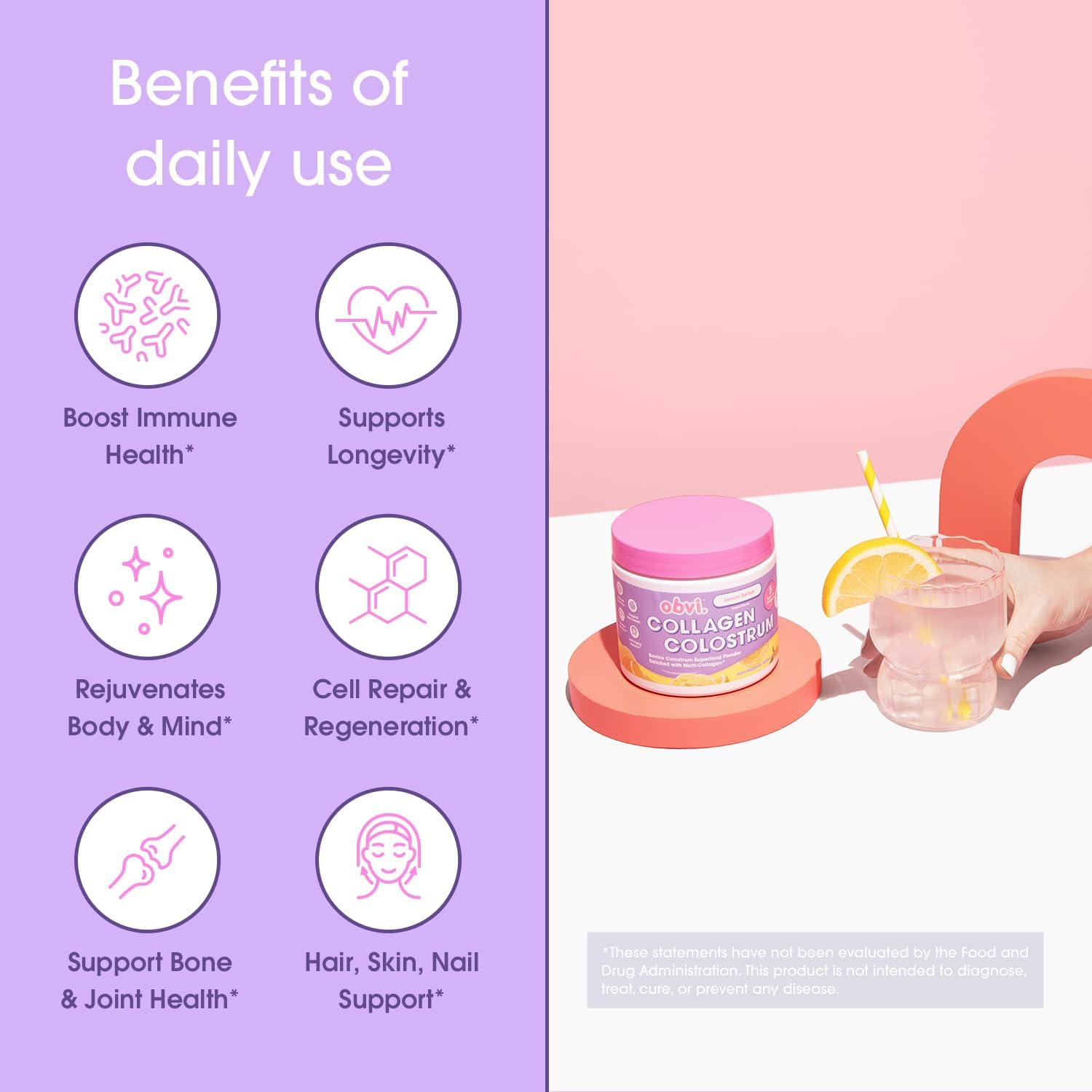 Obvi Collagen Peptide Colostrum Powder Lemon Sorbet, 30 Servings