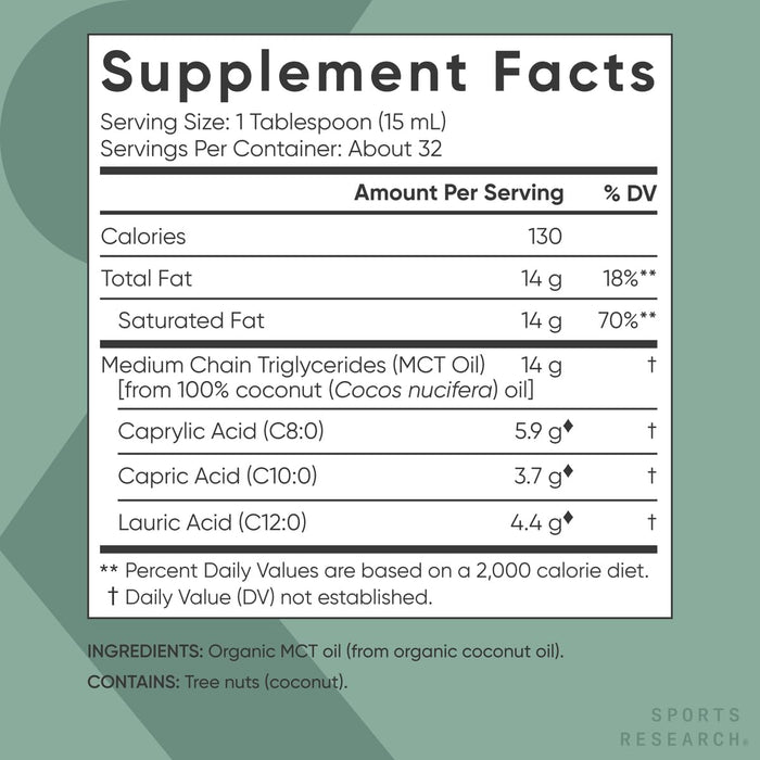 Sports Research Organic MCT Oil - Keto & Vegan MCTs C8, C10, C12 from Coconuts, Unflavoured, 16oz