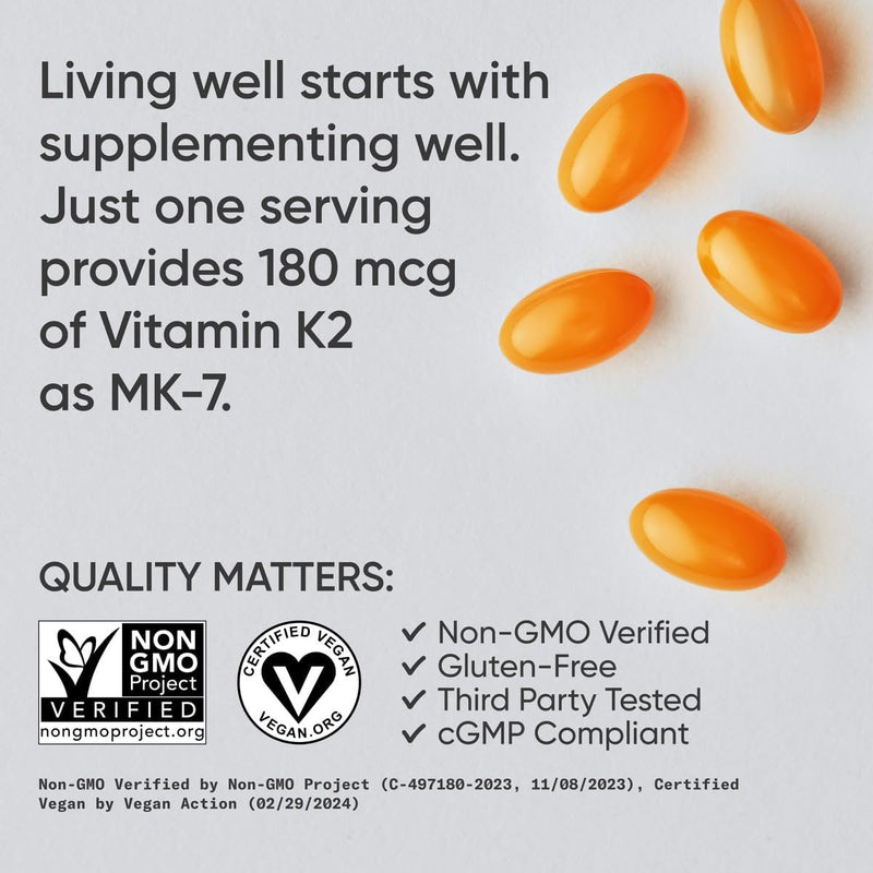 Sports Research Vitamin K2 MK7 180mcg with Coconut Oil, 60 Veggie softgels - Vegan Certified, Non-GMO Verified & Gluten-Free