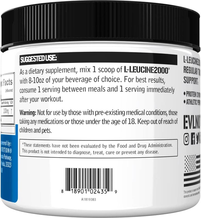 Evlution Nutrition L-Leucine 2000, Vegan, Gluten-Free, Unflavored Powder, 100 serving