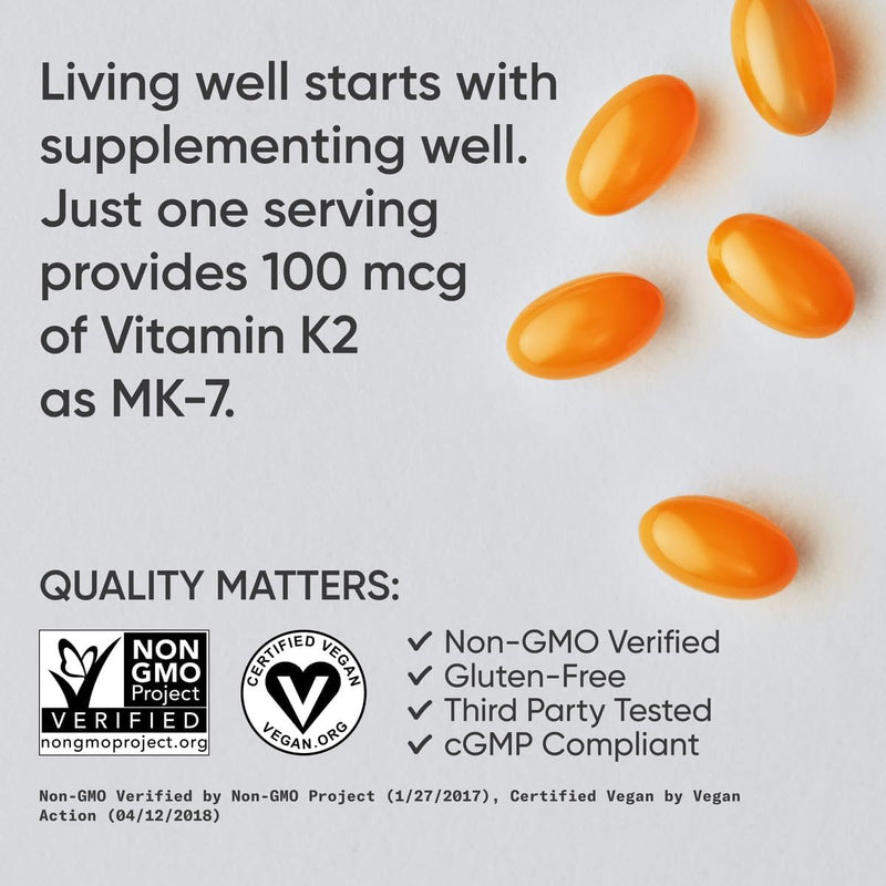 Sports Research Vitamin K2 with Coconut MCT Oil, 120 Veggie softgels - Vegan Certified, Non-GMO Verified, Gluten & Soy Free