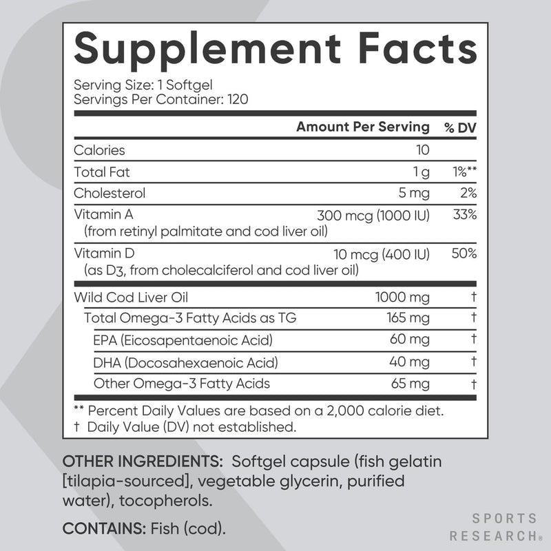 Sports Research Omega-3 Wild Alaskan Cod Liver Oil 1000mg, 120 softgels - Burpless, Bovine Free, Non-GMO, & MSC Certified Sustainable