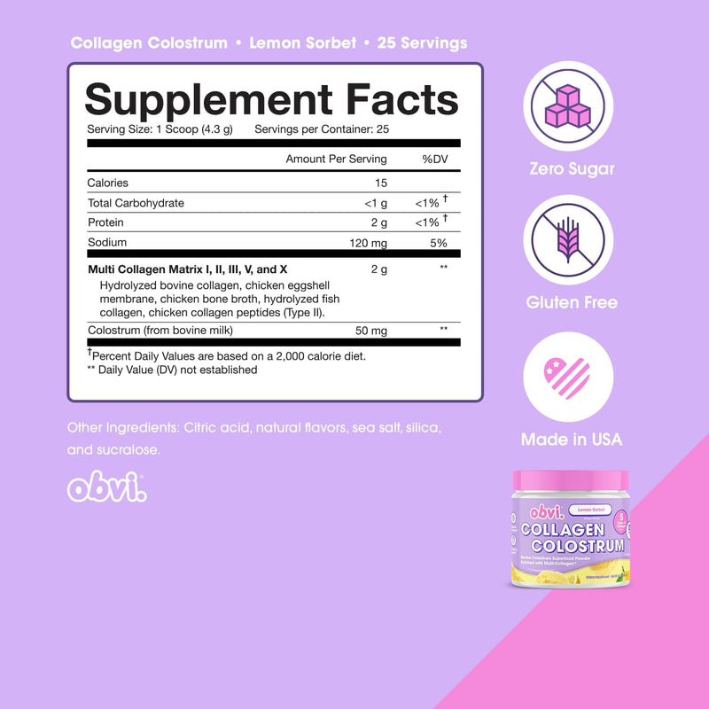 Obvi Collagen Peptide Colostrum Powder Lemon Sorbet, 30 Servings